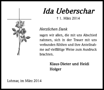 Anzeige von Ida Ueberschar von Kölner Stadt-Anzeiger / Kölnische Rundschau / Express