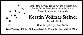 Anzeige von Kerstin Vollmar-Steiner von Kölner Stadt-Anzeiger / Kölnische Rundschau / Express