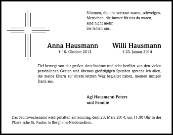 Anzeige von Anna und Willi Hausmann von Kölner Stadt-Anzeiger / Kölnische Rundschau / Express