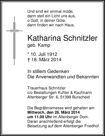 Anzeige von Katharina Schnitzler von Kölner Stadt-Anzeiger / Kölnische Rundschau / Express