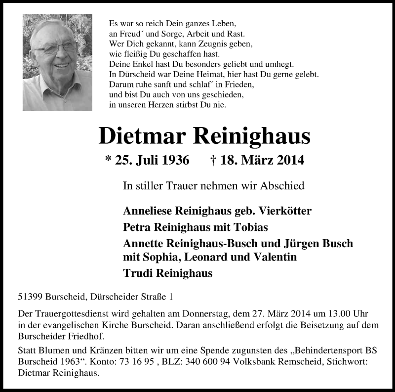  Traueranzeige für Dietmar Reinighaus vom 22.03.2014 aus Kölner Stadt-Anzeiger / Kölnische Rundschau / Express