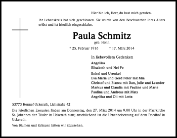 Anzeige von Paula Schmitz von Kölner Stadt-Anzeiger / Kölnische Rundschau / Express