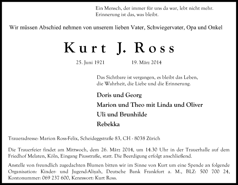  Traueranzeige für Kurt Ross vom 22.03.2014 aus Kölner Stadt-Anzeiger / Kölnische Rundschau / Express
