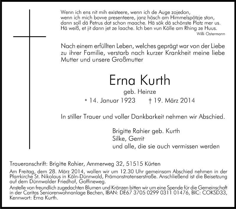  Traueranzeige für Erna Kurth vom 22.03.2014 aus Kölner Stadt-Anzeiger / Kölnische Rundschau / Express