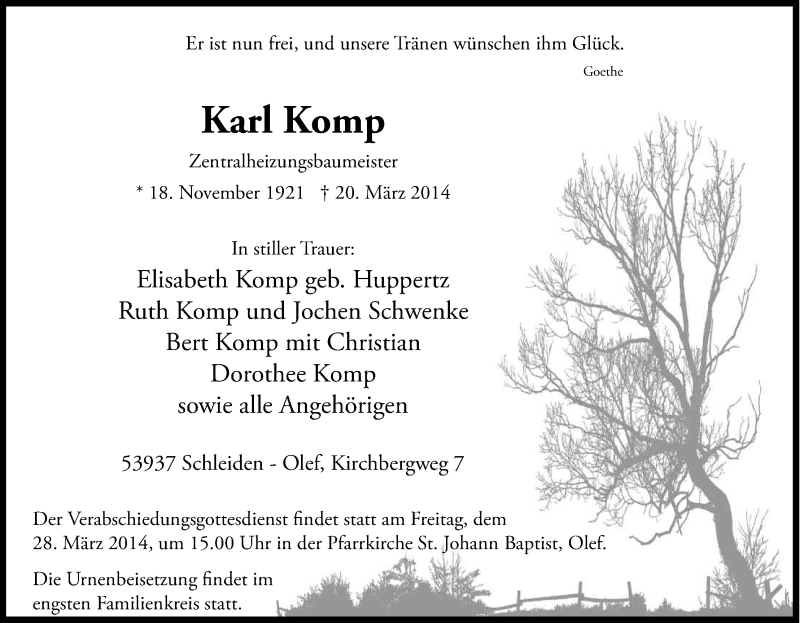  Traueranzeige für Karl Komp vom 22.03.2014 aus Kölner Stadt-Anzeiger / Kölnische Rundschau / Express