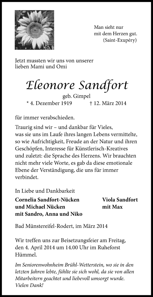 Traueranzeige für Eleonore Sandfort vom 22.03.2014 aus Kölner Stadt-Anzeiger / Kölnische Rundschau / Express
