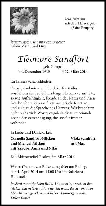 Anzeige von Eleonore Sandfort von Kölner Stadt-Anzeiger / Kölnische Rundschau / Express