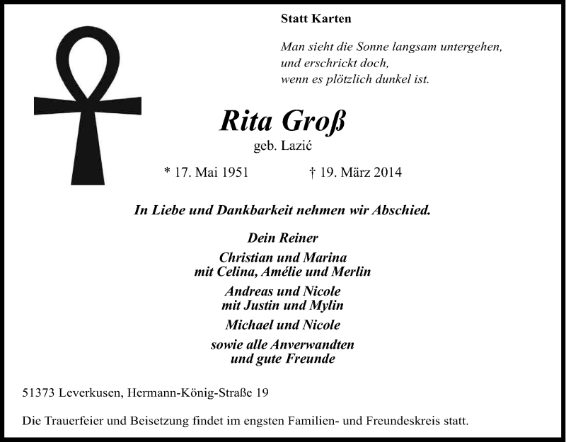  Traueranzeige für Rita Groß vom 22.03.2014 aus Kölner Stadt-Anzeiger / Kölnische Rundschau / Express