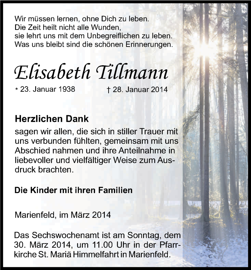  Traueranzeige für Elisabeth Tillmann vom 22.03.2014 aus Kölner Stadt-Anzeiger / Kölnische Rundschau / Express