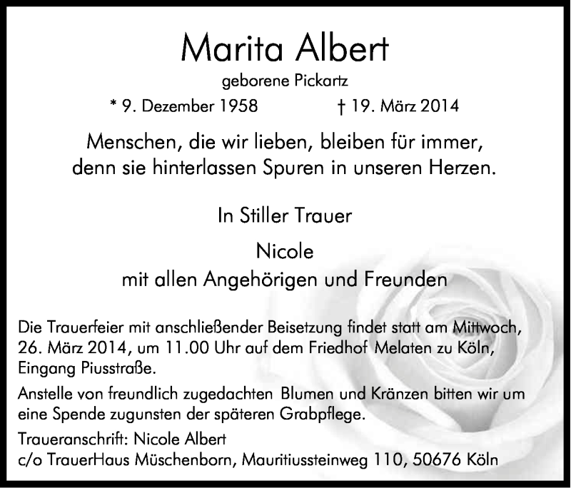  Traueranzeige für Marita Albert vom 22.03.2014 aus Kölner Stadt-Anzeiger / Kölnische Rundschau / Express