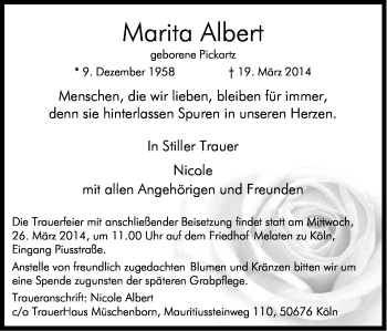 Anzeige von Marita Albert von Kölner Stadt-Anzeiger / Kölnische Rundschau / Express