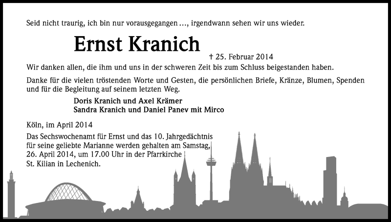  Traueranzeige für Ernst Kranich vom 05.04.2014 aus Kölner Stadt-Anzeiger / Kölnische Rundschau / Express
