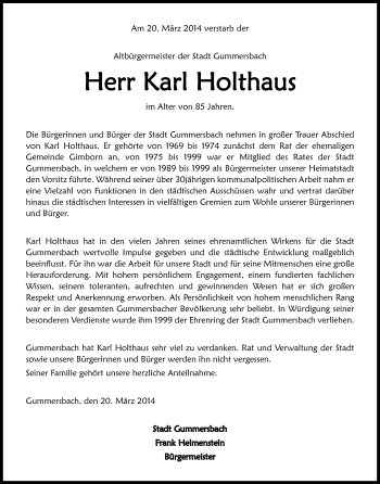 Anzeige von Karl Holthaus von Kölner Stadt-Anzeiger / Kölnische Rundschau / Express