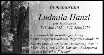 Anzeige von Ludmilla Hanzel von Kölner Stadt-Anzeiger / Kölnische Rundschau / Express