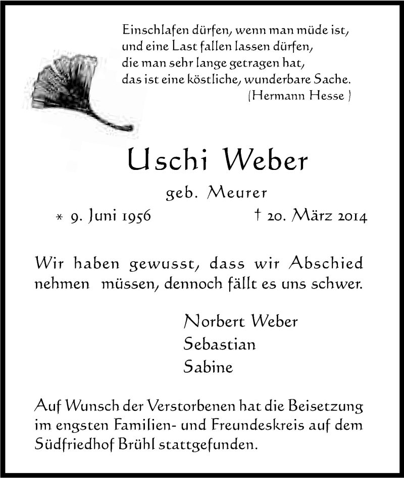  Traueranzeige für Uschi Weber vom 26.03.2014 aus Kölner Stadt-Anzeiger / Kölnische Rundschau / Express