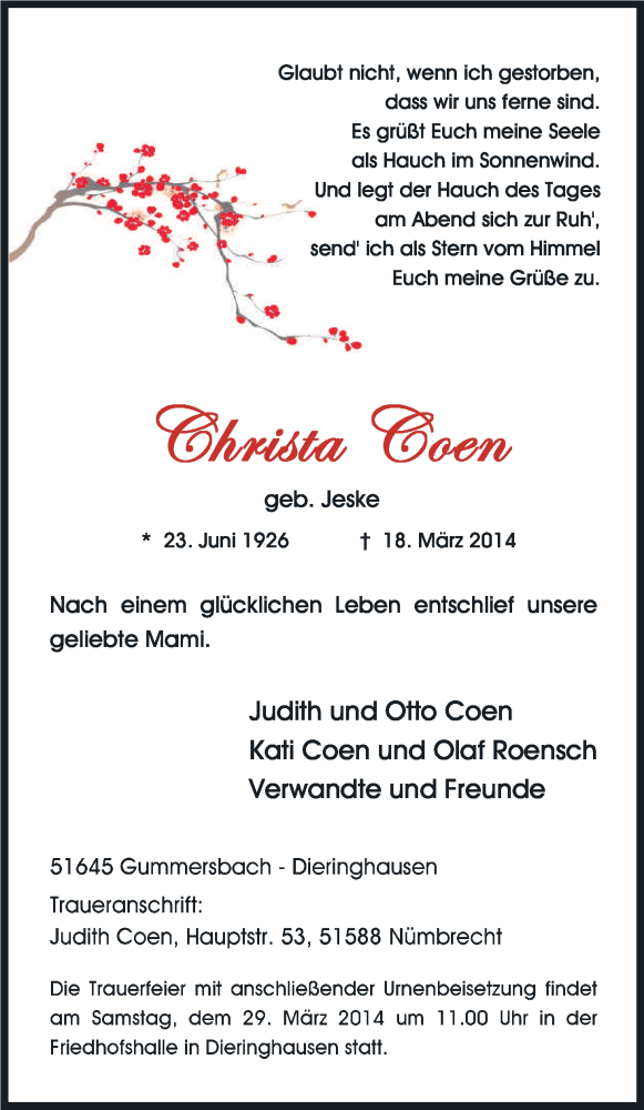  Traueranzeige für Christa Coen vom 22.03.2014 aus Kölner Stadt-Anzeiger / Kölnische Rundschau / Express