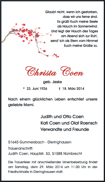 Anzeige von Christa Coen von Kölner Stadt-Anzeiger / Kölnische Rundschau / Express
