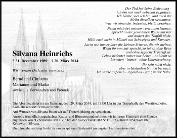 Anzeige von Silvana Heinrichs von Kölner Stadt-Anzeiger / Kölnische Rundschau / Express