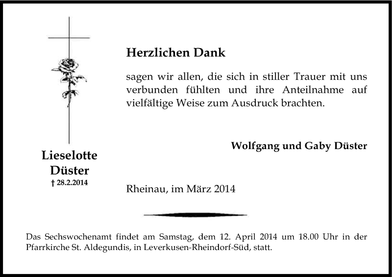  Traueranzeige für Lieselotte Düster vom 29.03.2014 aus Kölner Stadt-Anzeiger / Kölnische Rundschau / Express