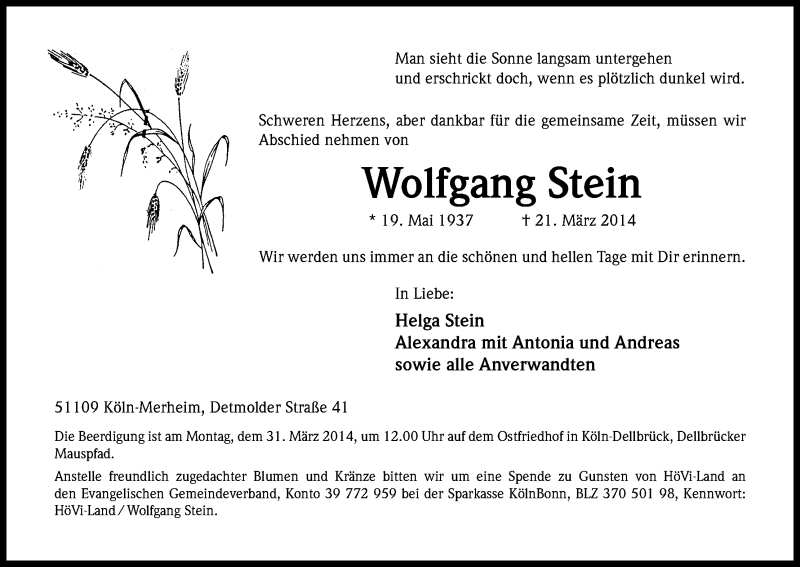  Traueranzeige für Wolfgang Stein vom 26.03.2014 aus Kölner Stadt-Anzeiger / Kölnische Rundschau / Express