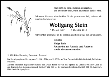 Anzeige von Wolfgang Stein von Kölner Stadt-Anzeiger / Kölnische Rundschau / Express