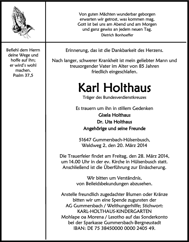  Traueranzeige für Karl Holthaus vom 24.03.2014 aus Kölner Stadt-Anzeiger / Kölnische Rundschau / Express