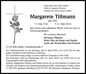 Anzeige von Margarete Tillmann von Kölner Stadt-Anzeiger / Kölnische Rundschau / Express