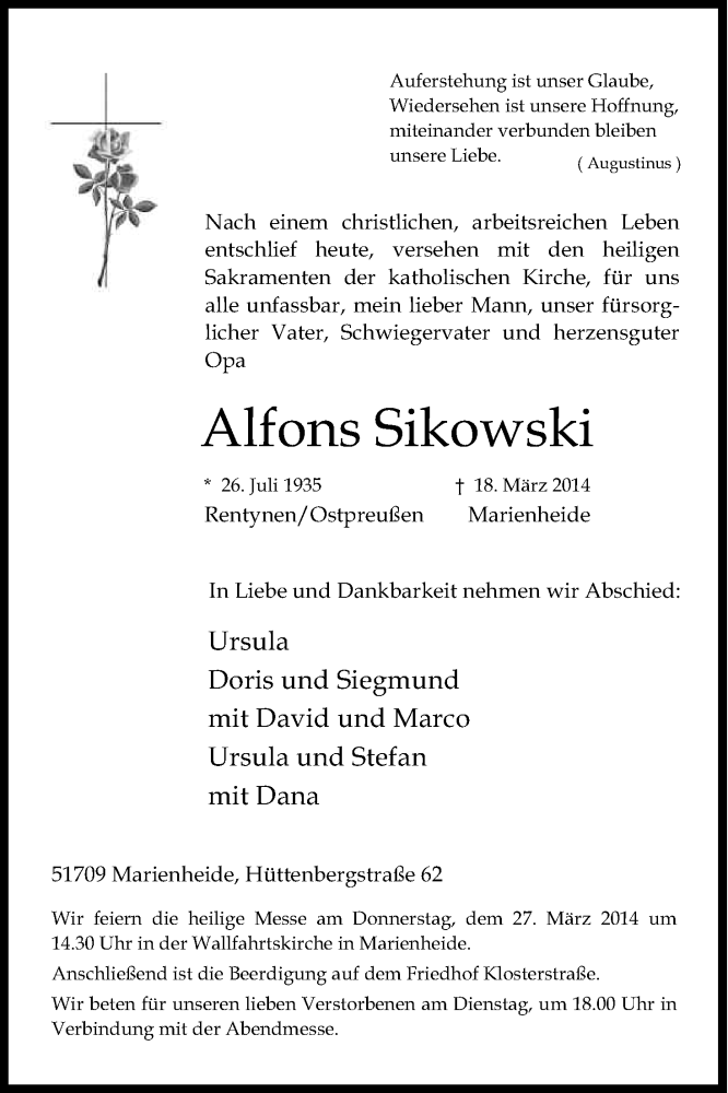  Traueranzeige für Alfons Sikowski vom 25.03.2014 aus Kölner Stadt-Anzeiger / Kölnische Rundschau / Express