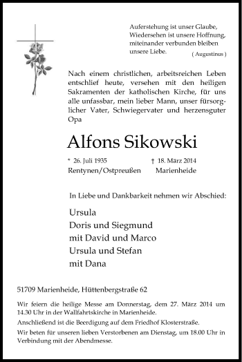 Anzeige von Alfons Sikowski von Kölner Stadt-Anzeiger / Kölnische Rundschau / Express