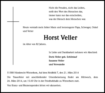 Anzeige von Horst Veller von Kölner Stadt-Anzeiger / Kölnische Rundschau / Express