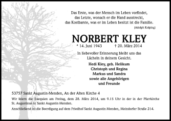 Anzeige von Norbert Kley von Kölner Stadt-Anzeiger / Kölnische Rundschau / Express