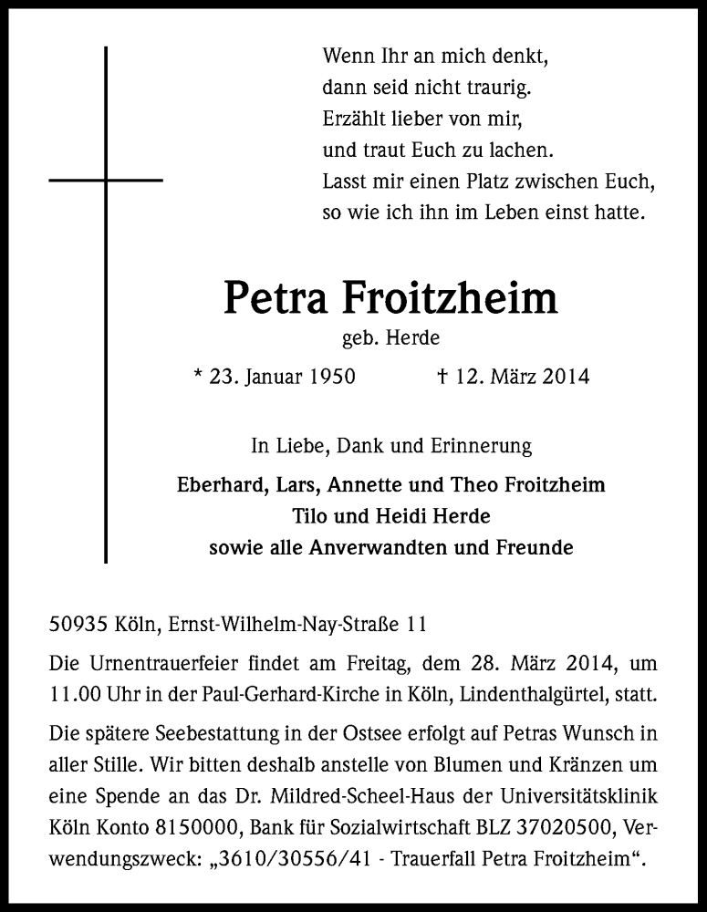  Traueranzeige für Petra Froitzheim vom 24.03.2014 aus Kölner Stadt-Anzeiger / Kölnische Rundschau / Express