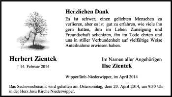 Anzeige von Herbert Zientek von Kölner Stadt-Anzeiger / Kölnische Rundschau / Express