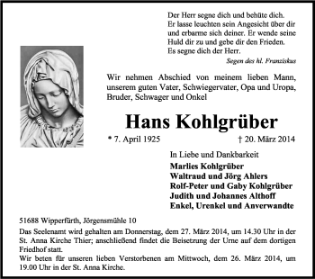 Anzeige von Hans  Kohlgrüber von Kölner Stadt-Anzeiger / Kölnische Rundschau / Express