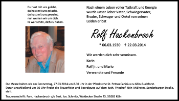 Anzeige von Rolf Hackenbroch von Kölner Stadt-Anzeiger / Kölnische Rundschau / Express