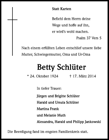 Anzeige von Betty Schlüter von Kölner Stadt-Anzeiger / Kölnische Rundschau / Express