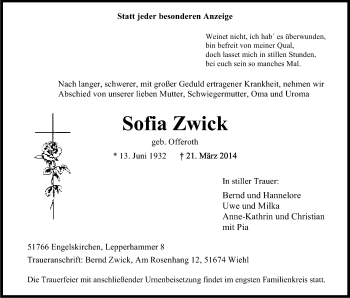 Anzeige von Sofia Zwick von Kölner Stadt-Anzeiger / Kölnische Rundschau / Express