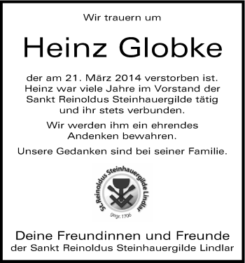 Anzeige von Heinz Globke von Kölner Stadt-Anzeiger / Kölnische Rundschau / Express