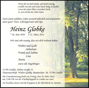 Anzeige von Heinz Globke von Kölner Stadt-Anzeiger / Kölnische Rundschau / Express