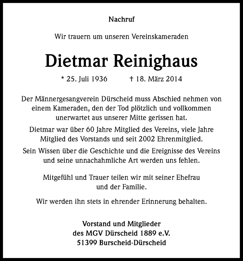  Traueranzeige für Dietmar Reinighaus vom 25.03.2014 aus Kölner Stadt-Anzeiger / Kölnische Rundschau / Express