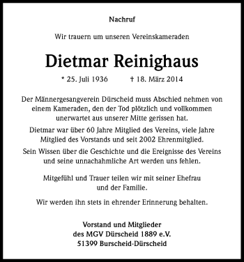 Anzeige von Dietmar Reinighaus von Kölner Stadt-Anzeiger / Kölnische Rundschau / Express