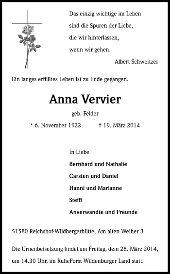 Anzeige von Anna Vervier von Kölner Stadt-Anzeiger / Kölnische Rundschau / Express
