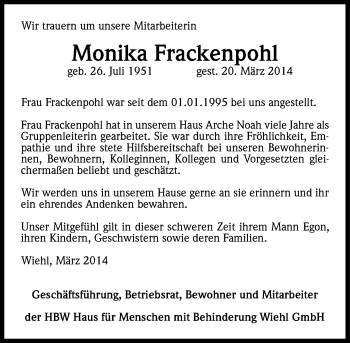 Anzeige von Monika Frackenpohl von Kölner Stadt-Anzeiger / Kölnische Rundschau / Express