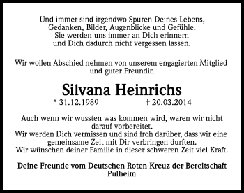 Anzeige von Silvana Heinrichs von Kölner Stadt-Anzeiger / Kölnische Rundschau / Express