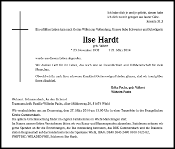 Anzeige von Ilse Hardt von Kölner Stadt-Anzeiger / Kölnische Rundschau / Express