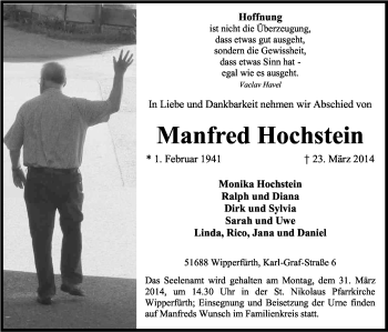 Anzeige von Manfred Hochstein von Kölner Stadt-Anzeiger / Kölnische Rundschau / Express