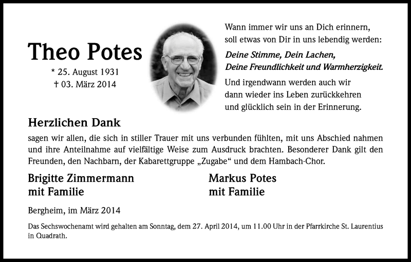  Traueranzeige für Theo Potes vom 29.03.2014 aus Kölner Stadt-Anzeiger / Kölnische Rundschau / Express
