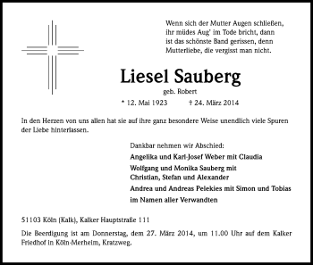 Anzeige von Liesel Sauberg von Kölner Stadt-Anzeiger / Kölnische Rundschau / Express