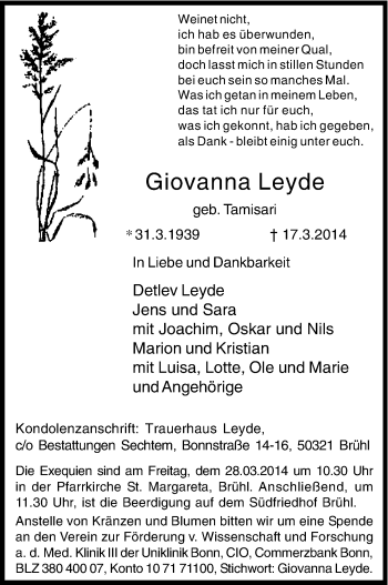 Anzeige von Giovanna Leyde von Kölner Stadt-Anzeiger / Kölnische Rundschau / Express
