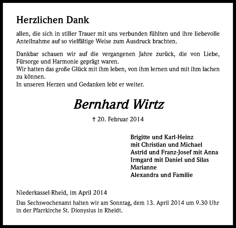  Traueranzeige für Bernhard Wirtz vom 04.04.2014 aus Kölner Stadt-Anzeiger / Kölnische Rundschau / Express